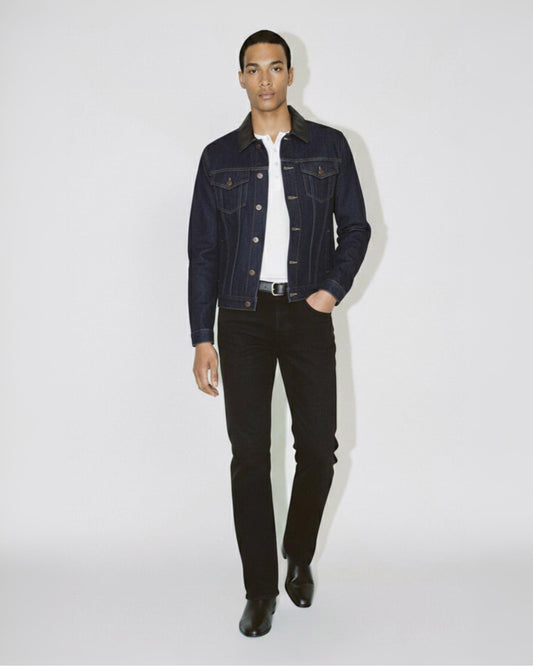 Leather-Trimmed Denim Trucker Jacket