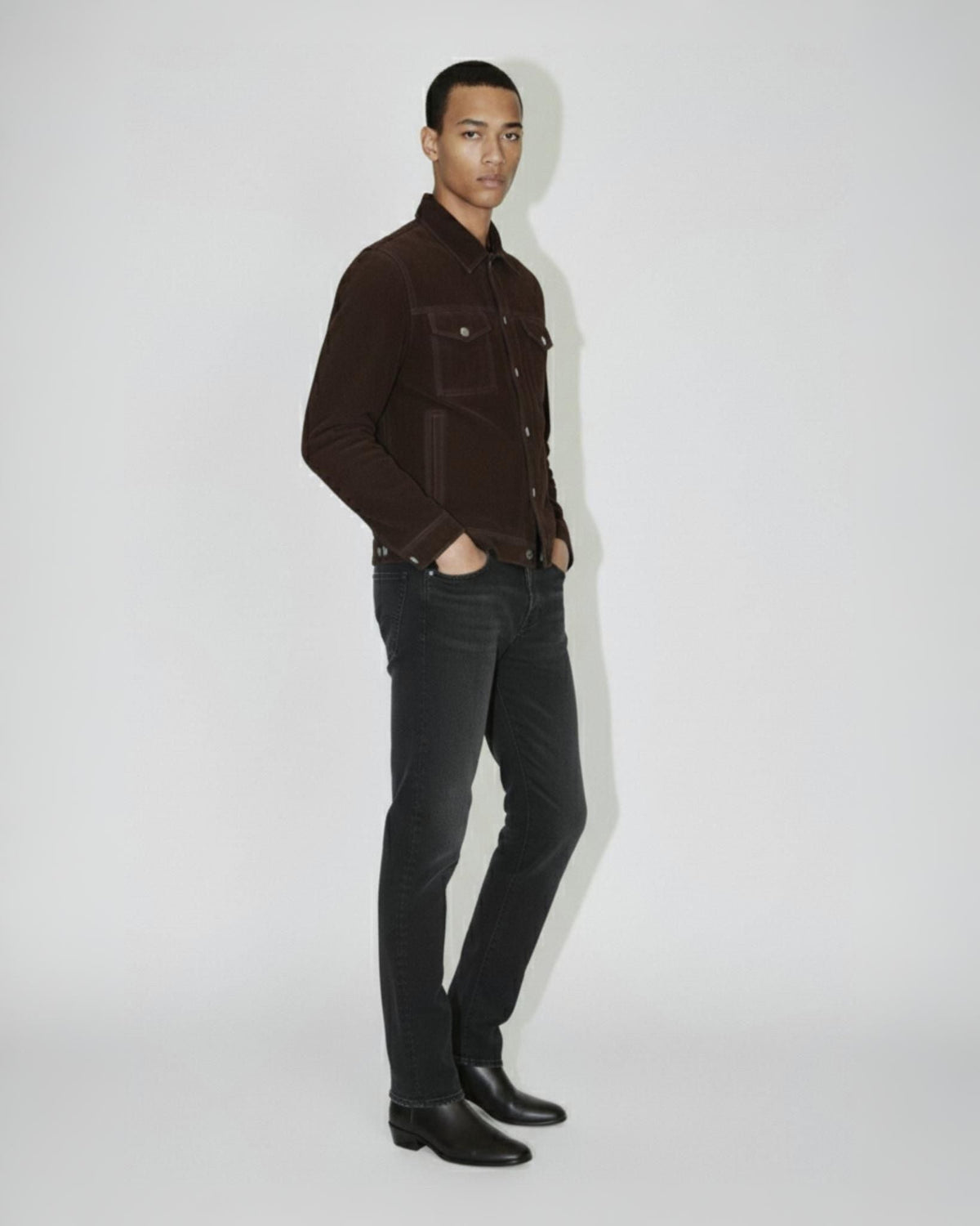 Leather-Trimmed Suede Trucker Jacket in Chocolate Brown