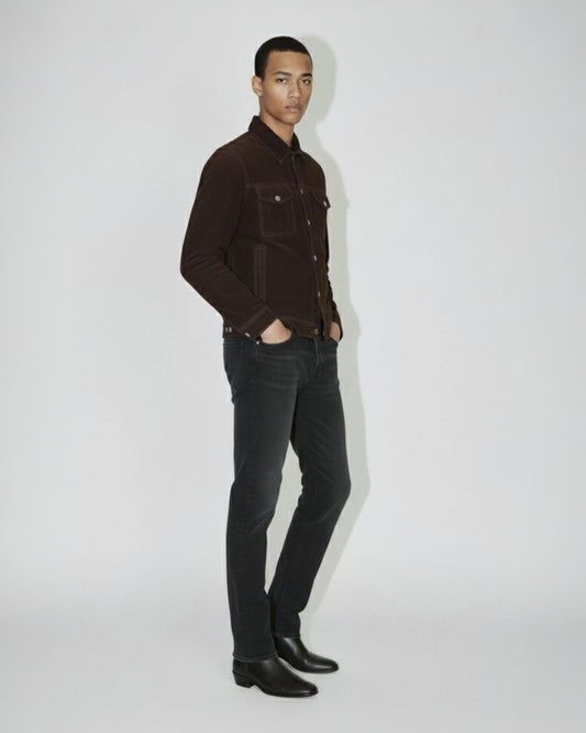 Leather-Trimmed Suede Trucker Jacket in Chocolate Brown