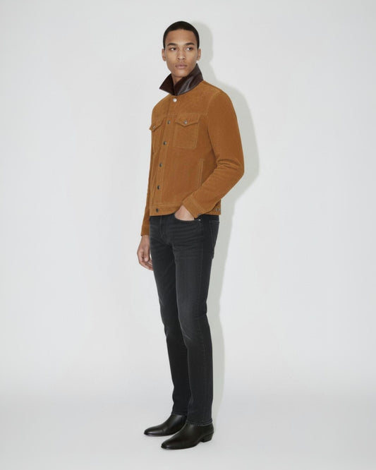 Leather-Trimmed Suede Trucker Jacket in Tan