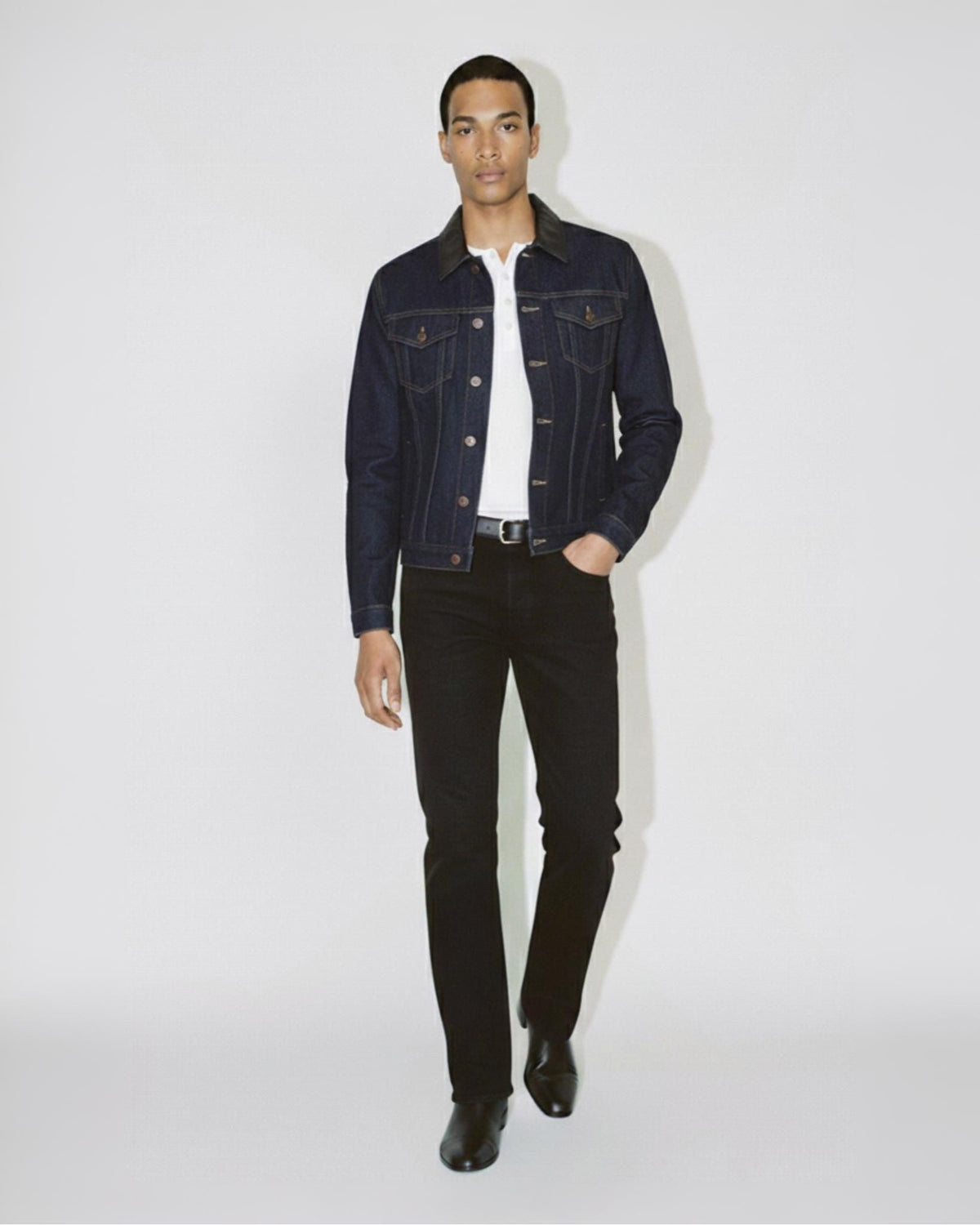 Leather-Trimmed Denim Trucker Jacket
