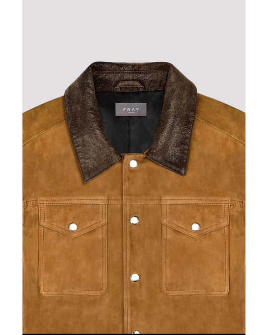 Leather-Trimmed Suede Trucker Jacket in Tan