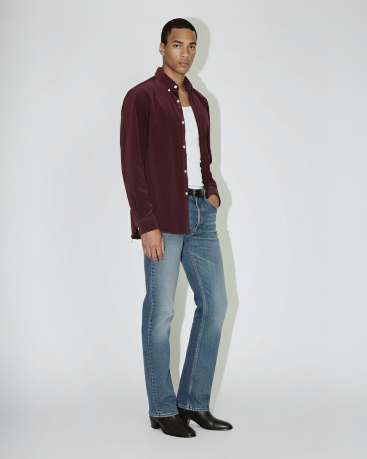 Frayed Cord Button Down Shirt in Burgundy