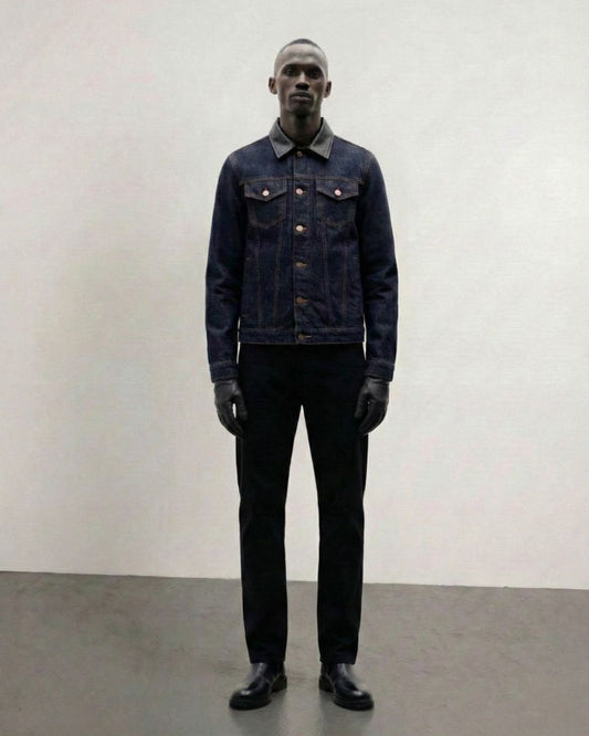 Leather-Trimmed Denim Trucker Jacket