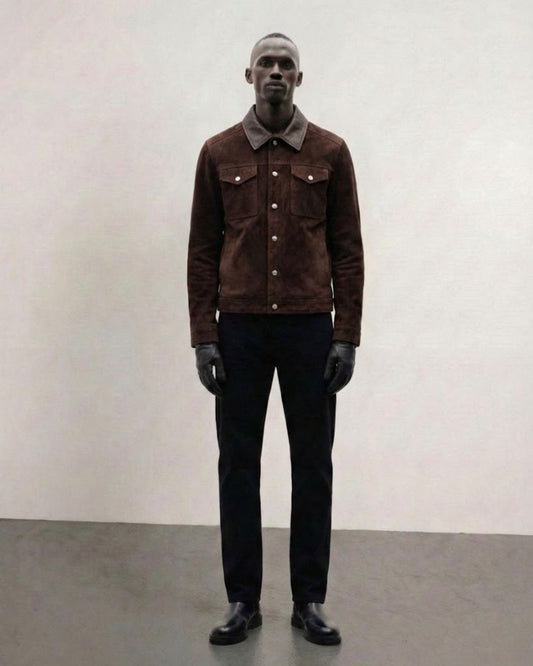 Leather-Trimmed Suede Trucker Jacket in Chocolate Brown