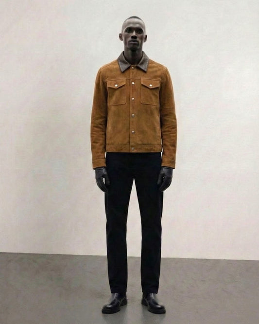 Leather-Trimmed Suede Trucker Jacket in Tan