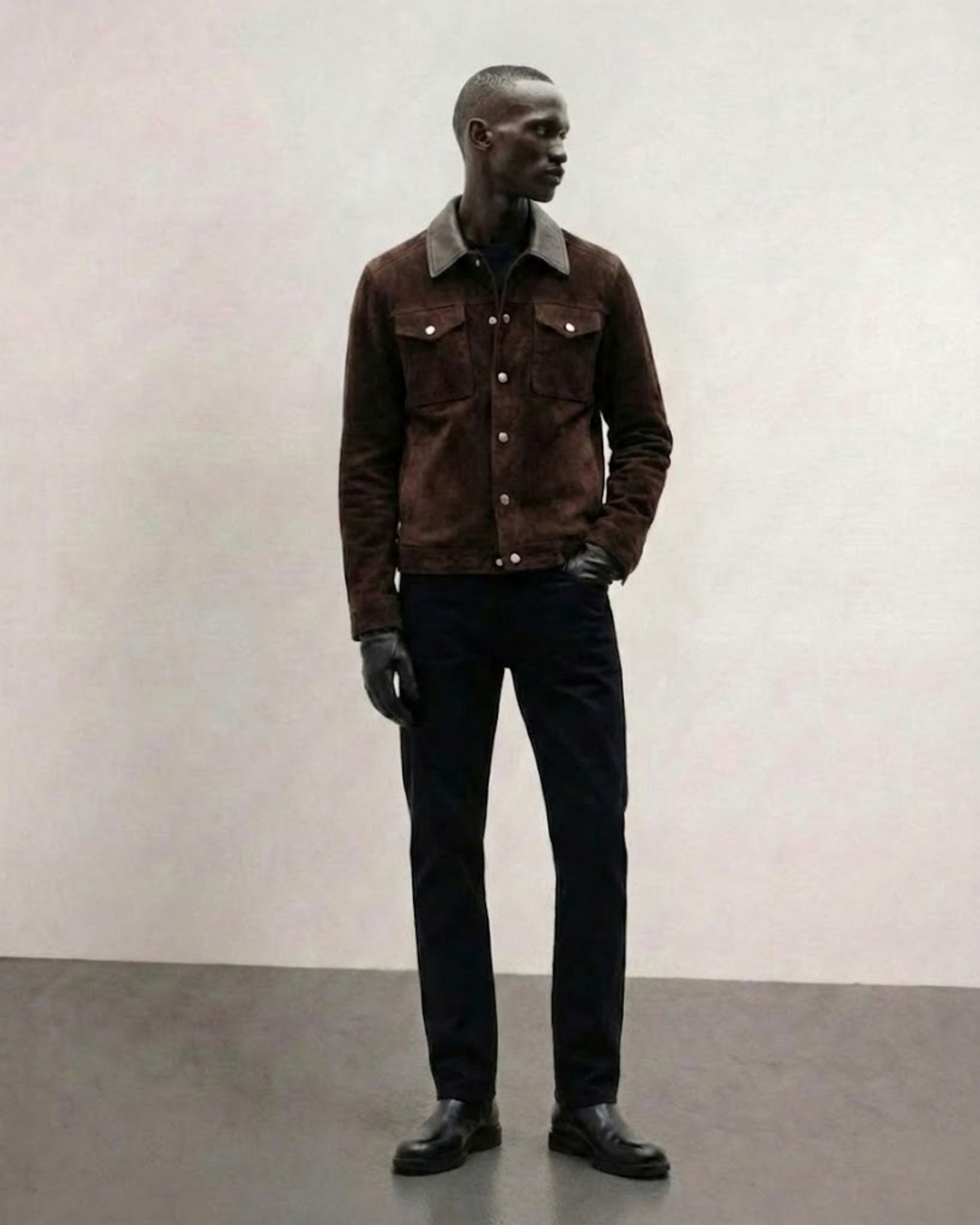 Leather-Trimmed Suede Jacket | Chocolate Brown