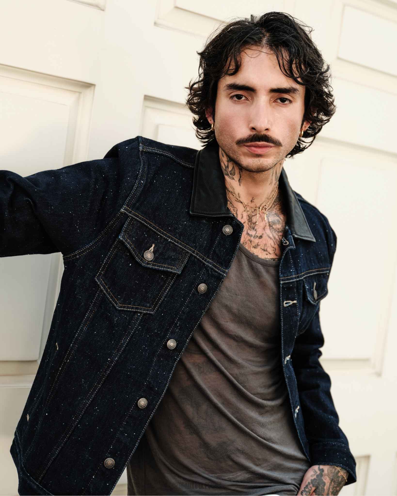 Leather-Trimmed Denim Trucker Jacket