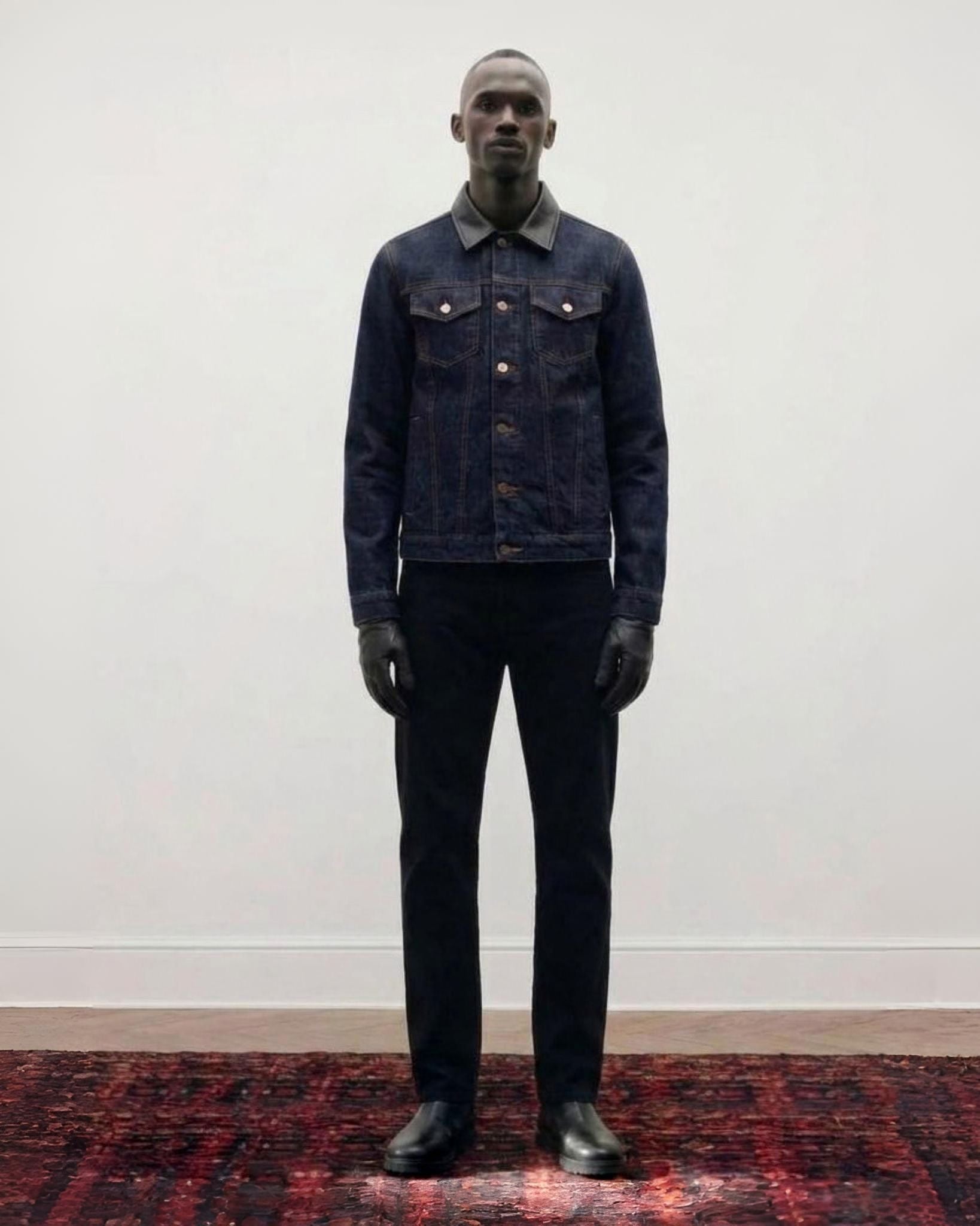 Leather-Trimmed Denim Trucker Jacket
