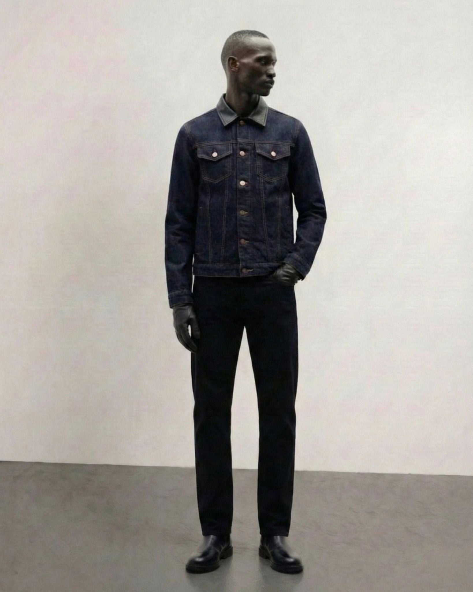 Leather-Trimmed Denim Trucker Jacket