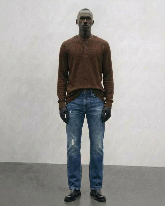 Straight Fit Distressed Jeans in Mid Blue