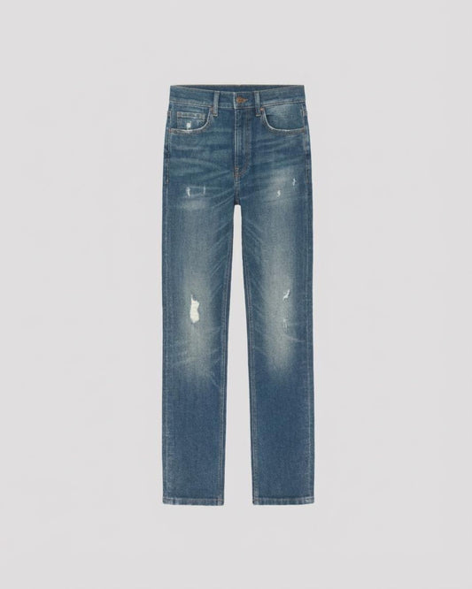 Straight Fit Distressed Jeans in Mid Blue