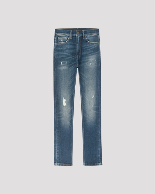 Slim Fit Distressed Jeans in Mid Blue