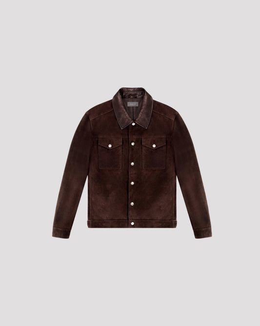Leather-Trimmed Suede Trucker Jacket in Chocolate Brown