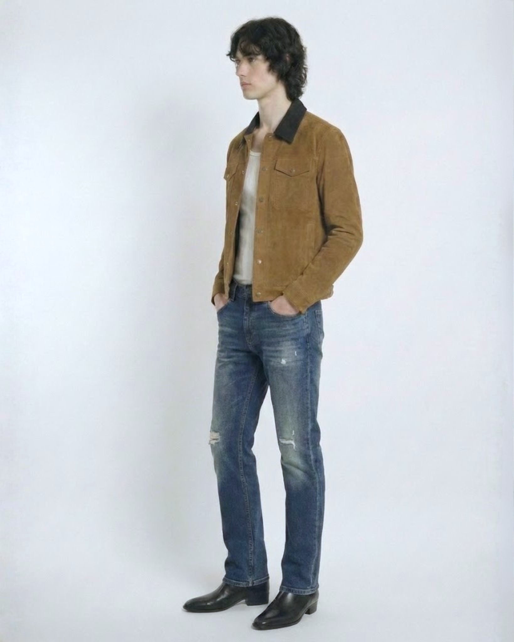 スリムフィット ダメージジーンズ（ミッドブルー）