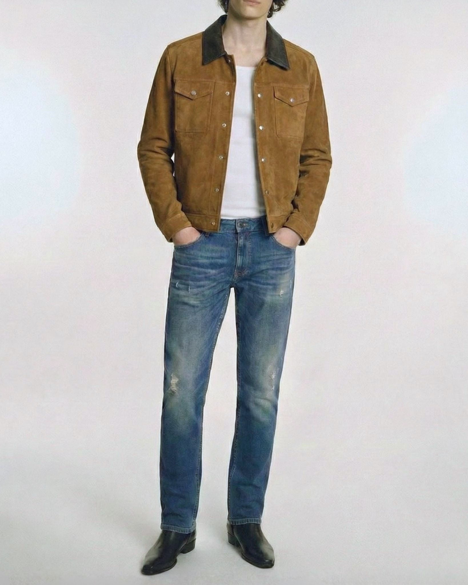 スリムフィット ダメージジーンズ（ミッドブルー）